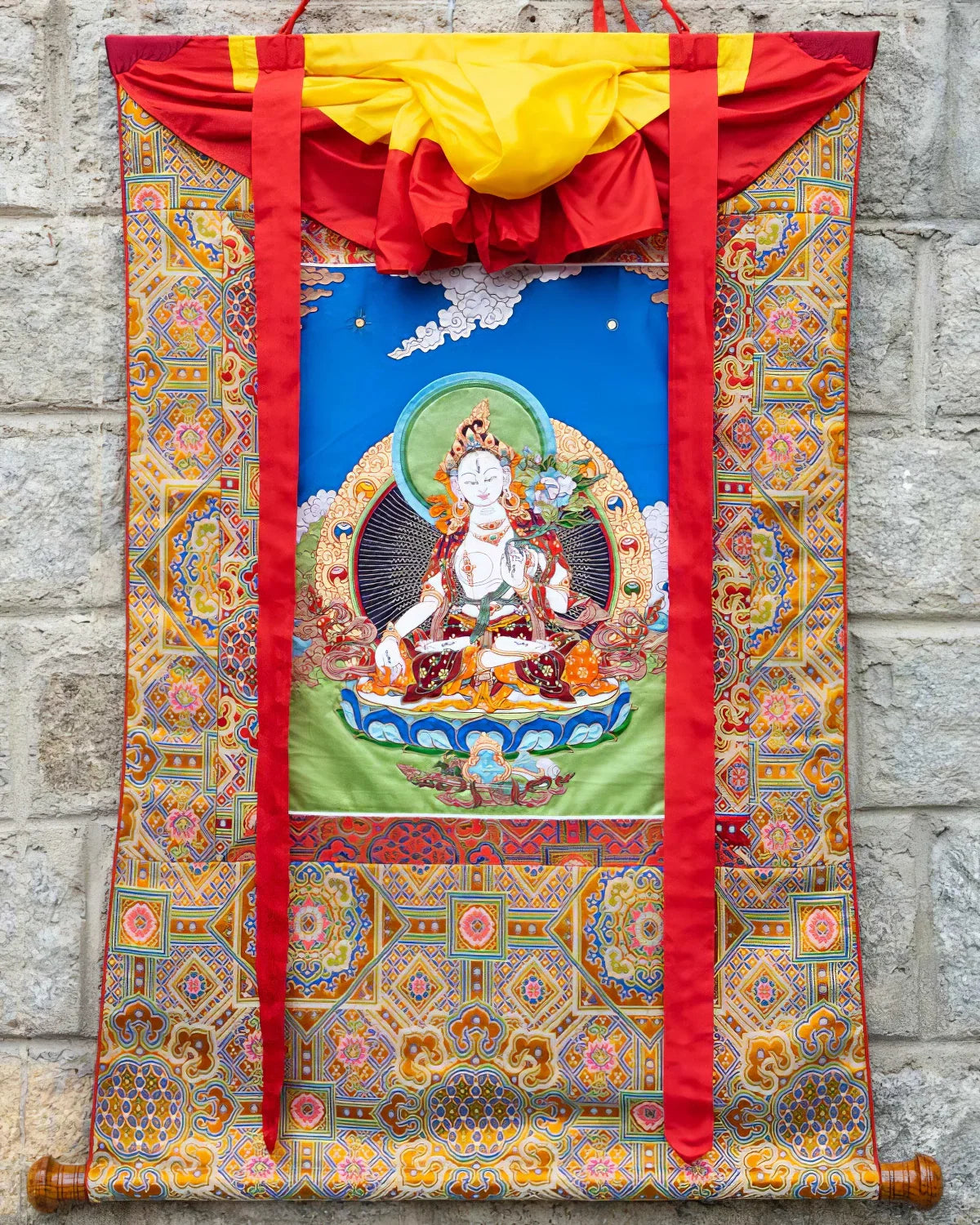 White Tara (detailed) Tibetan Appliqué Thangka