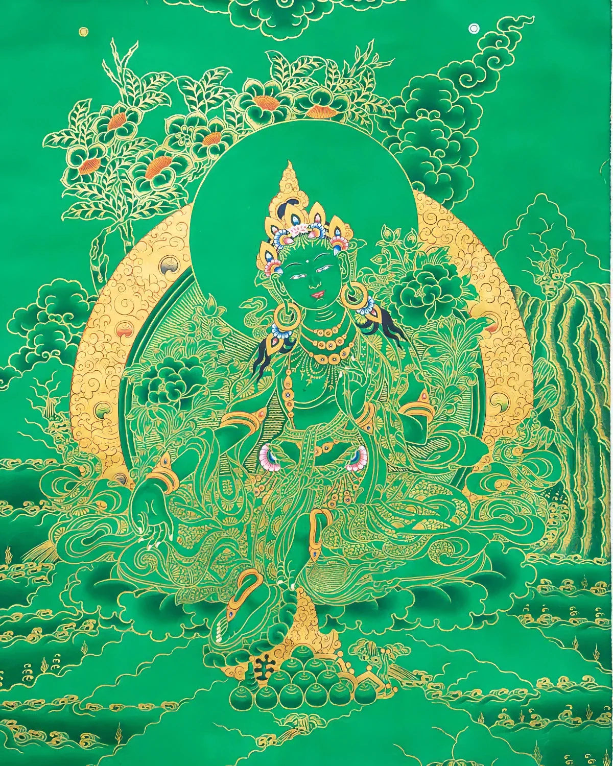 Green Tara (Gold on Green) Painted Thangka