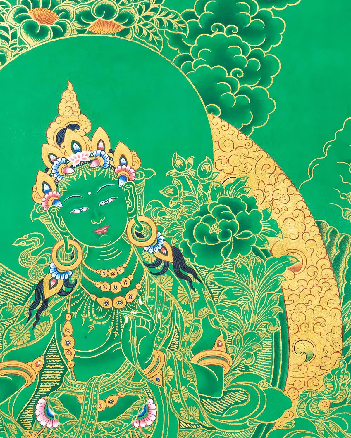 Green Tara (Gold on Green) Painted Thangka