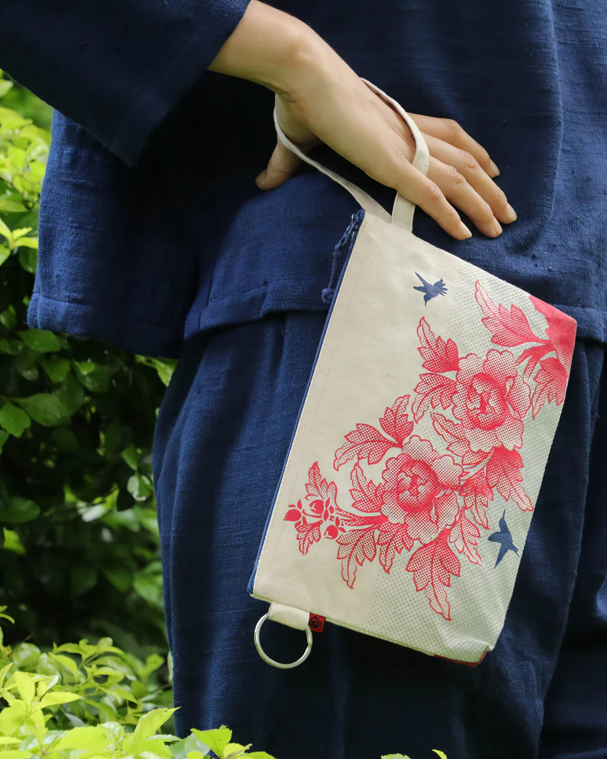 Birds & Flowers Tote with Pouch - Natural