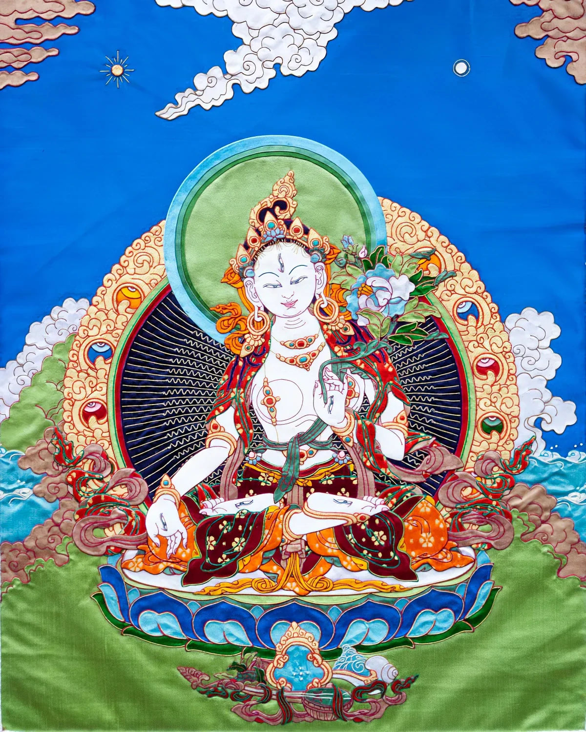 White Tara (detailed) Tibetan Appliqué Thangka