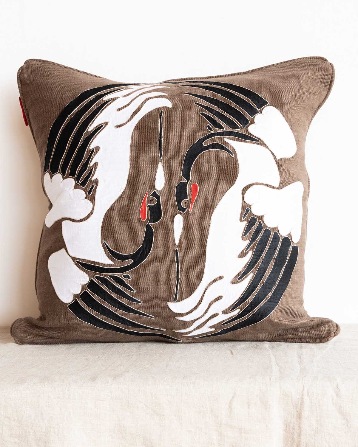 Crane Appliquéd Cushion Cover