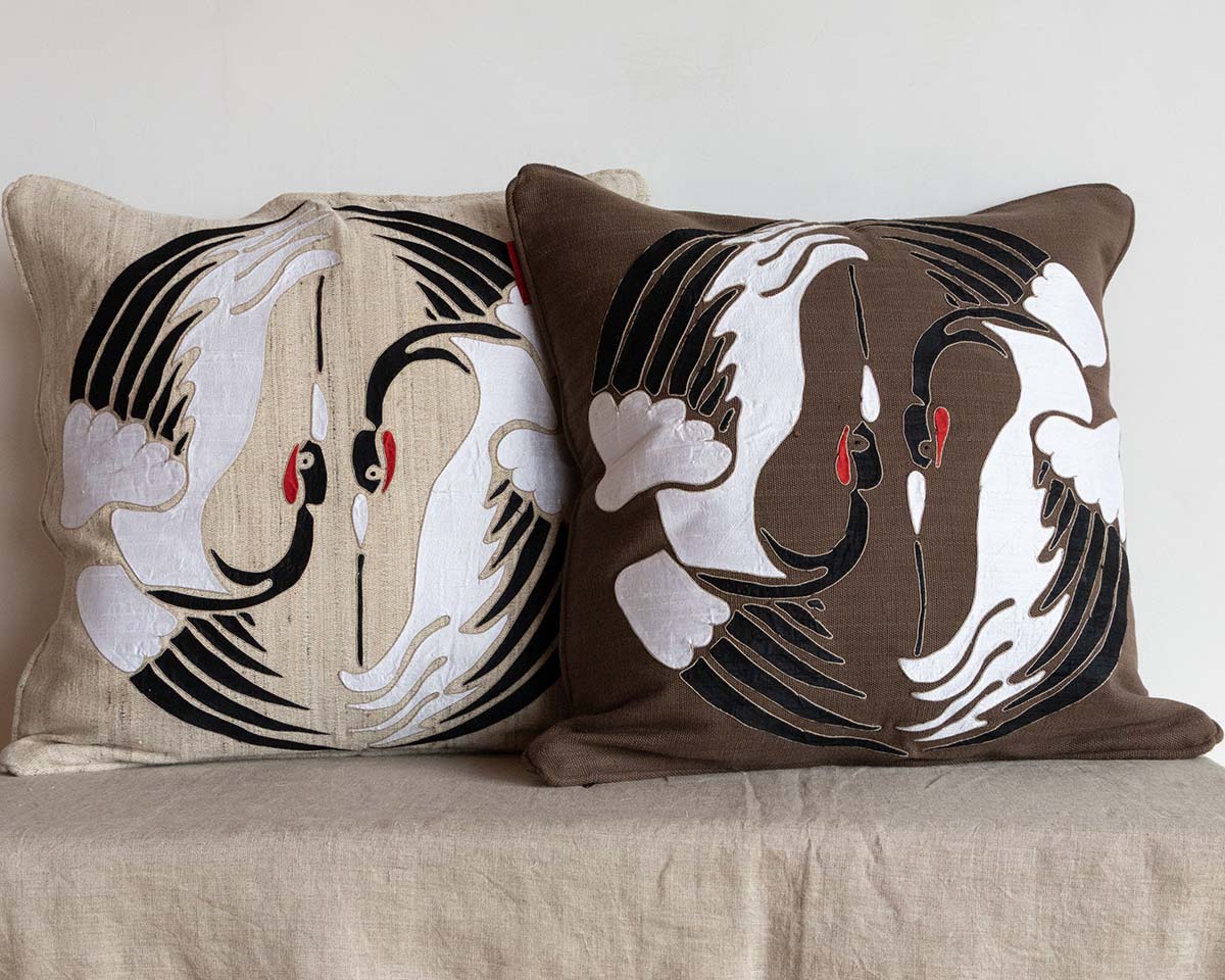 Crane Appliquéd Cushion Cover