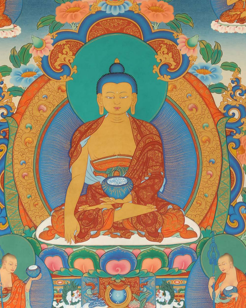 Buddhas of the Past, Present and Future Painted Thangka