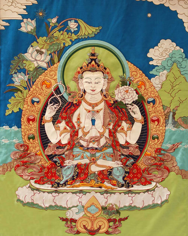 Four Armed Avalokiteshvara Applique Thangka -2ft